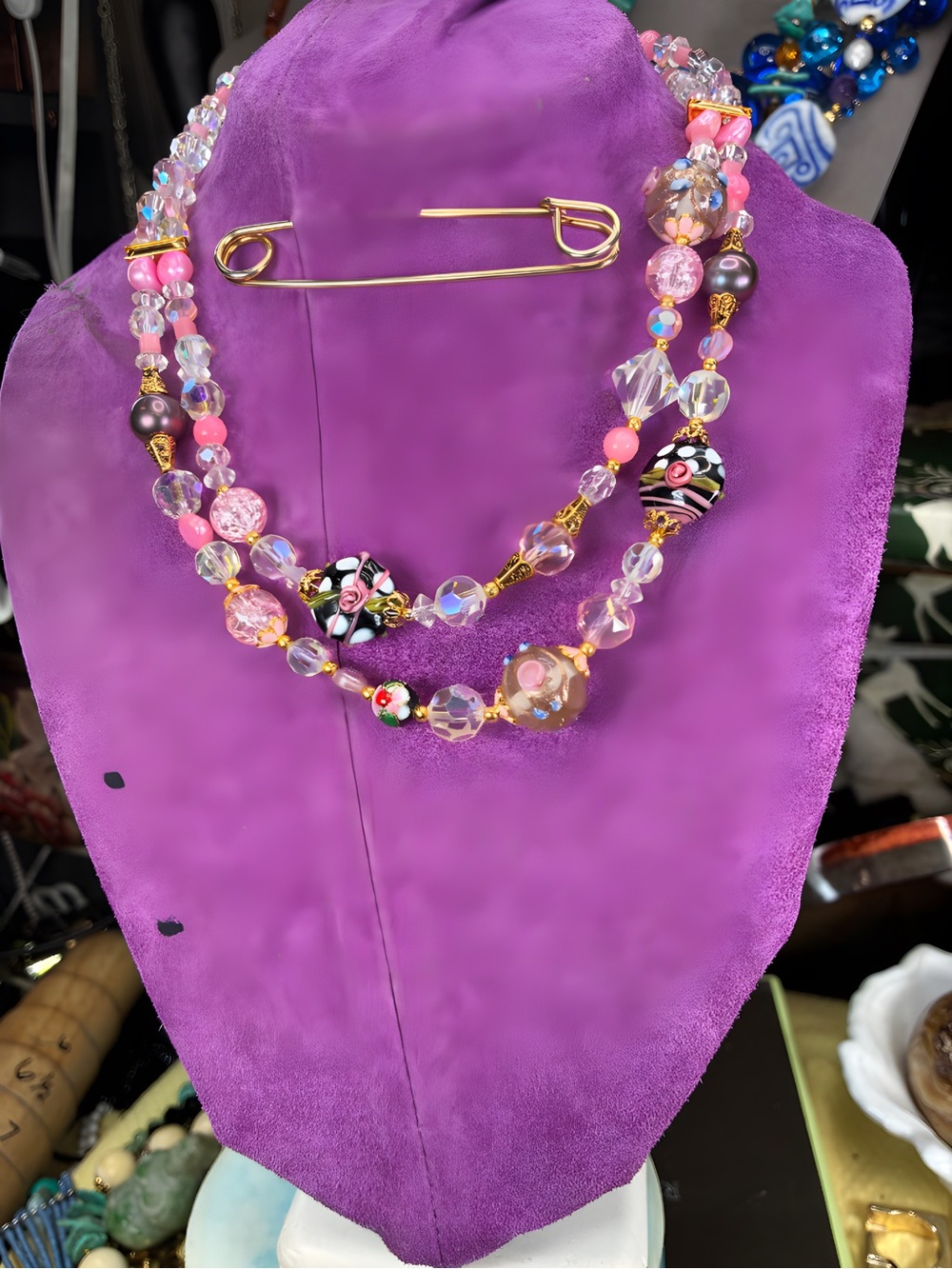 Handmade Pink and Gold Beaded Statement Necklace - Floral Glass Accents